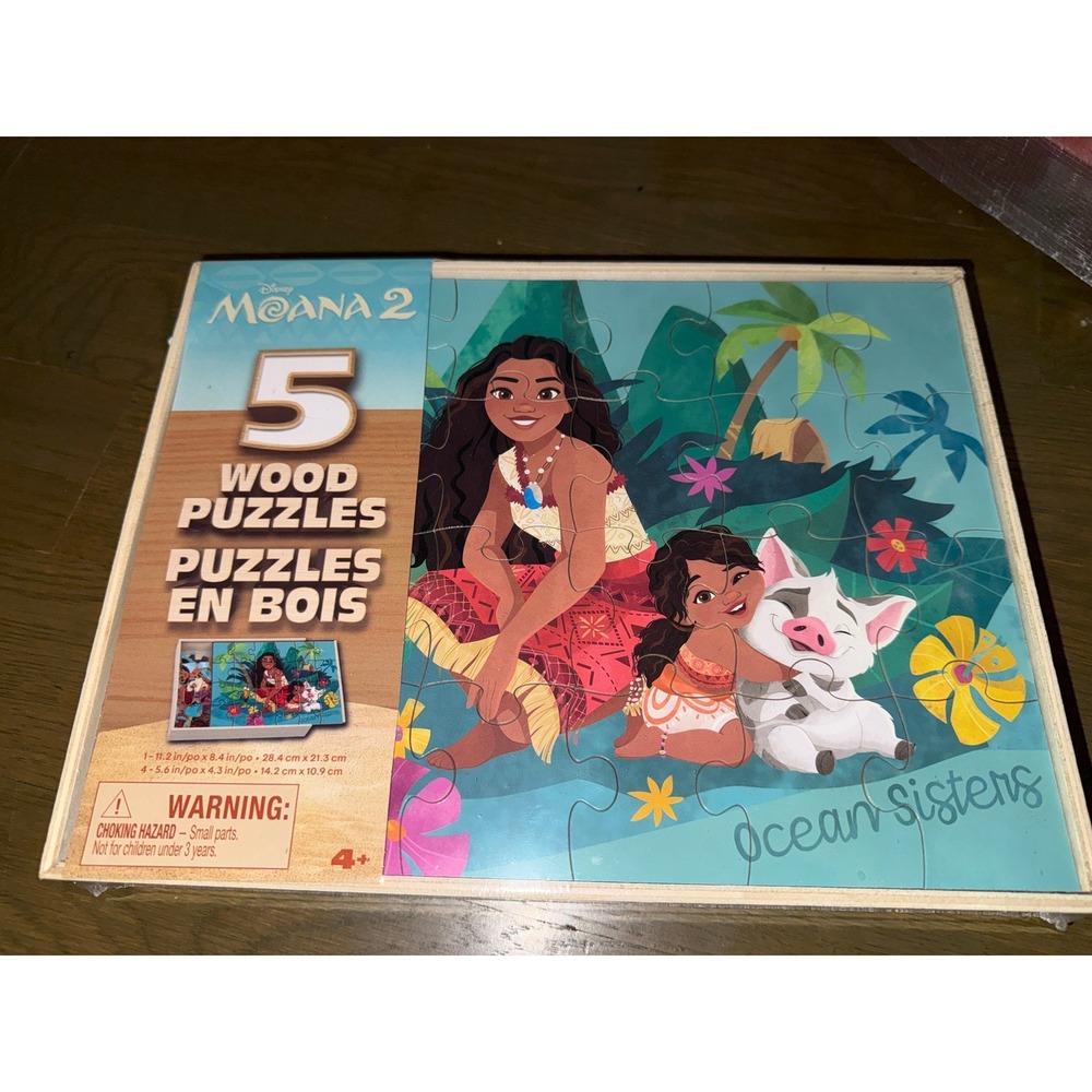 Disney Moana 2 Wood Puzzles 5 Pack Spin Master Wooden Storage Tray New